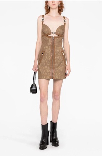 Pre-owned Versace Logo Print Cut Out Monogram Mini Dress Leather Trims It 40 Us 4 $3050 In Brown Tan
