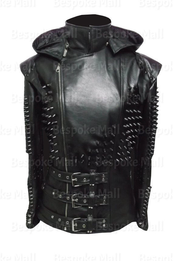 Pre-owned Handmade Woman's Black Punk Tonal Spiked Hoodie Triple Belted Real Leather Jacket-563
