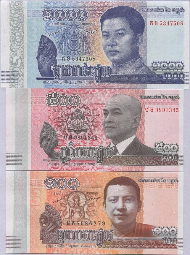 Cambodia Set 3 UNC 100 500 1000 Riels 2014-2016 P 65 66 67 , Kinnari, Nak Loeung