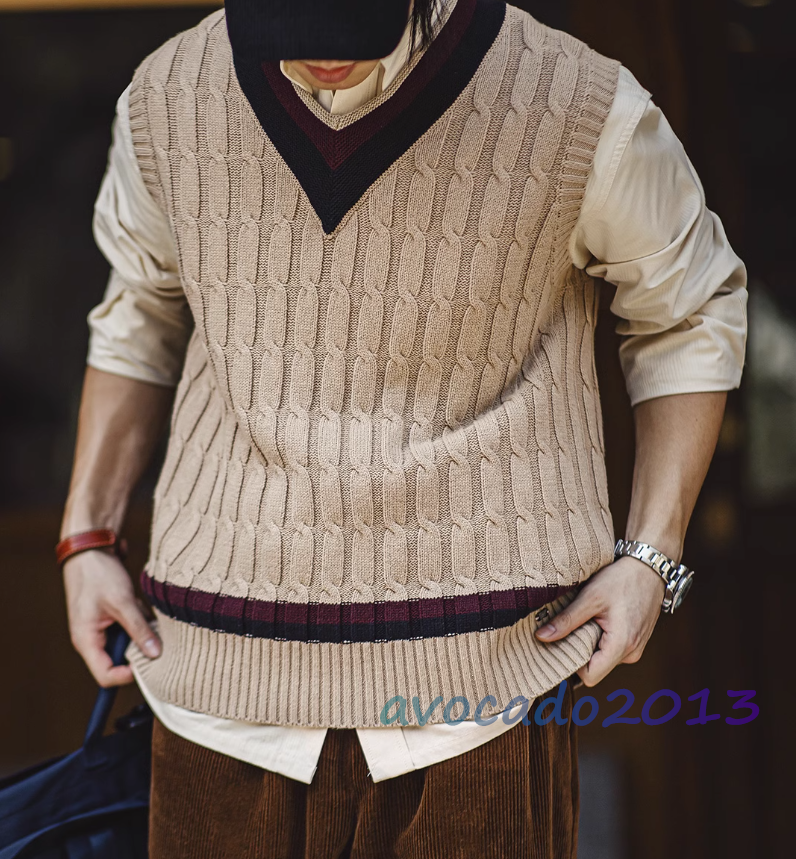 Maden Mens Vintage IVY Knitted V-neck Sweater Vest Sleeveless Preppy Autumn Vest