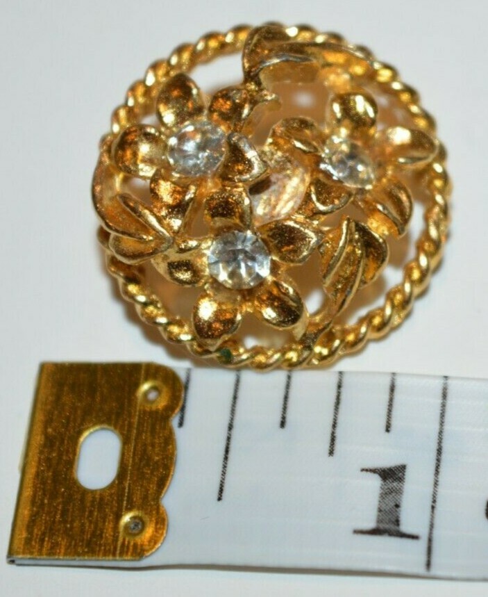 Lot of 5 Vintage Shank One Inch Buttons Floral Design Gold Tone with Rhinestones
