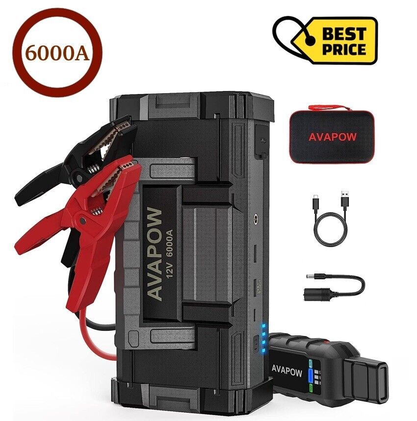 Car Battery Jump Starter Portable, 6000A  32000mAh Up to 12L Gas/Diesel