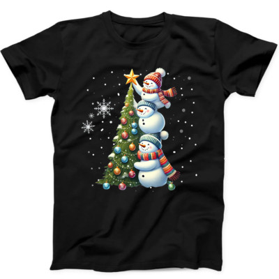 Christmas Tree Cute Snowman Funny Gift Tee Black T Shirt 280
