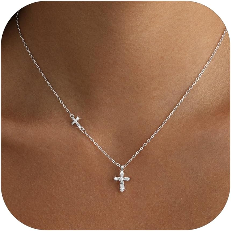Cross Necklace for Women Dainty Silver Plated Sideways Cross Necklace Non Tarnish Trendy Gold/Silver Small Cute Simple CZ Jewelry Baptism Religious Faith Jewelry Gifts