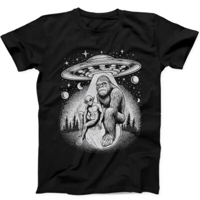 Bigfoot Alien And UFO in Forest Night Believe Funny Gift Black T Shirt 226