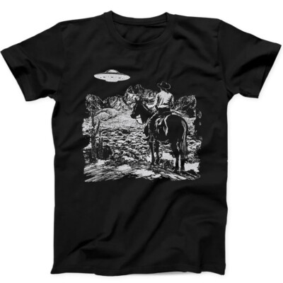Cowboy UFO Western Weird Best Seller Funny Gift Black Tee T Shirt 334