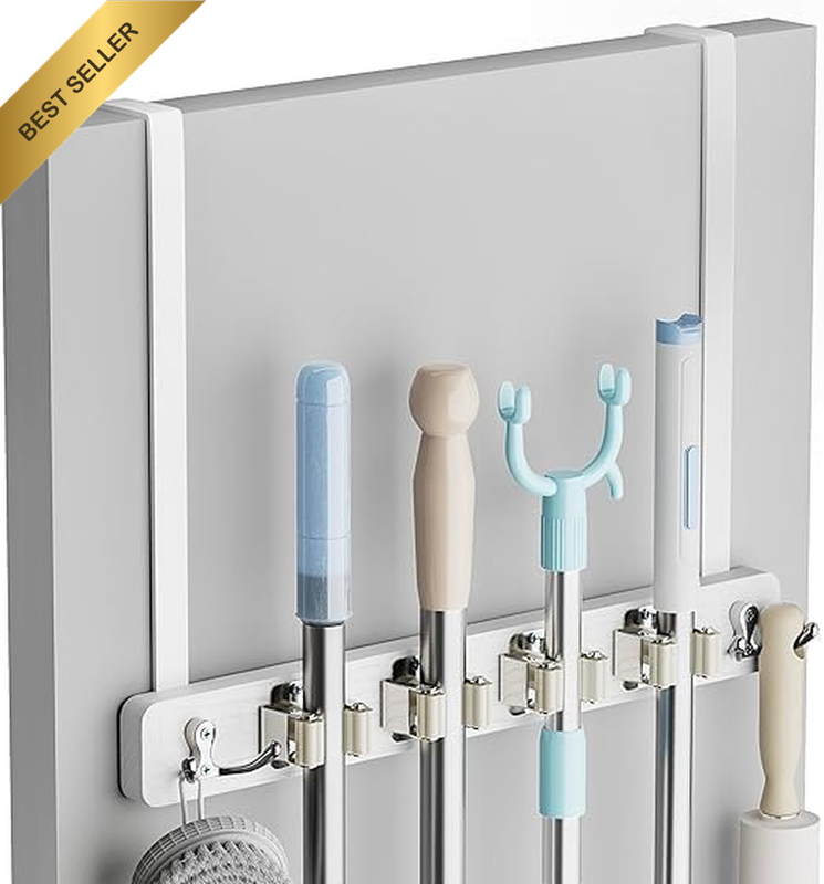 Over the Door Broom Holder, No Drilling Mop Hanger Rack with 4 Slots & 2 Hooks,