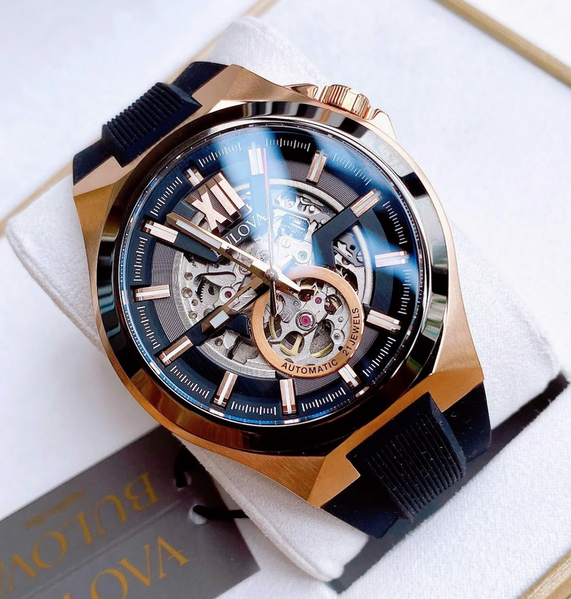 Pre-owned Bulova Maquina Automatic Sapphire Rose Gold Black Dial Silicone Watch 98a177