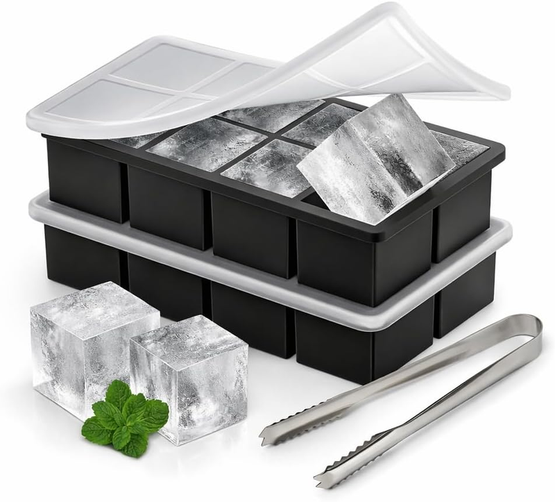 2 Large Silicone Ice Cube Trays with 1 Ice Tong – 2 Inch Big Square Ice Cube Mol