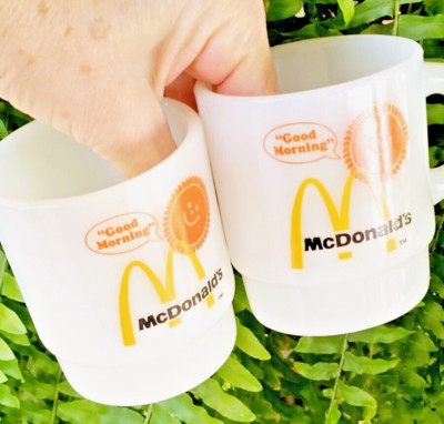 (2) Anchor Hocking Oven Proof Fire King McDonald's Good Morning VINTAGE Mugs! 