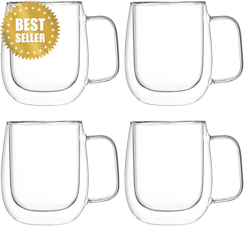 4Pcs Double Wall Coffee Mugs, Clear Glass Cups with Handles, 250Ml Insulated Cup