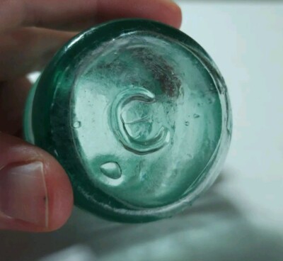 Antique 1800s Blown In Mold Spool Inkwell Bottle Aqua BOTTOM EMBOSSED ''C''