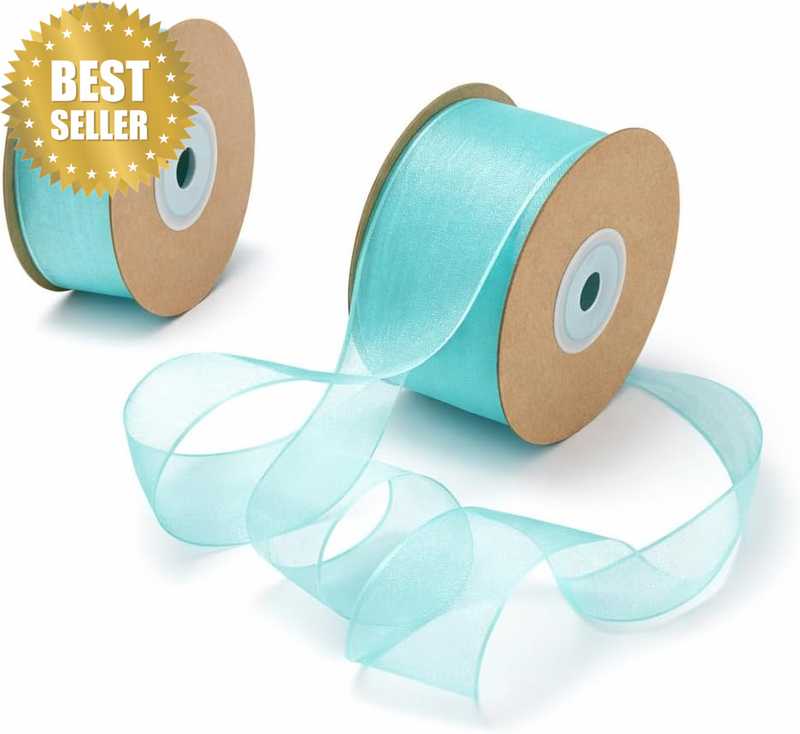 2PCS Sheer Organza Ribbon 1.5 Inch 25 Yards Turquoise Aqua Blue, Satin Edge Chif