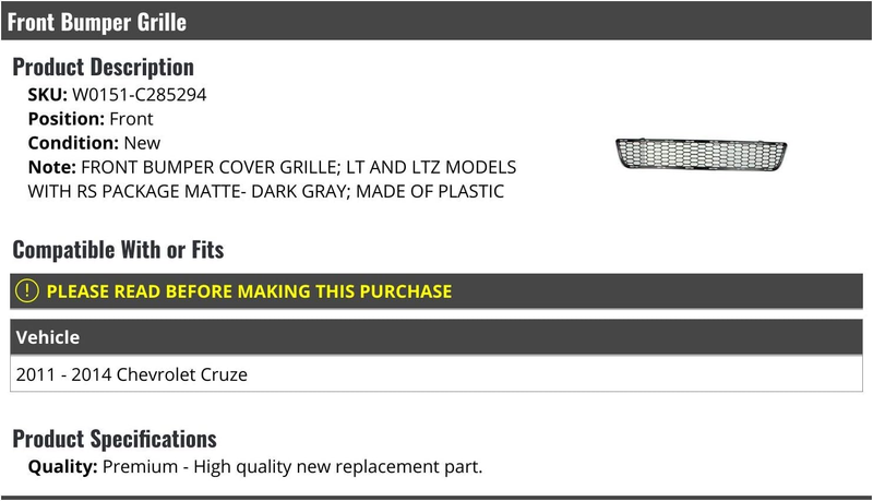 Front Bumper Cover Grille - Dark Grey - Compatible with 2011-2014 Chevy