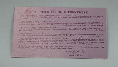 1993 S Proof Set U.S. Mint Kennedy 50c Original Government Packaging COA #1687