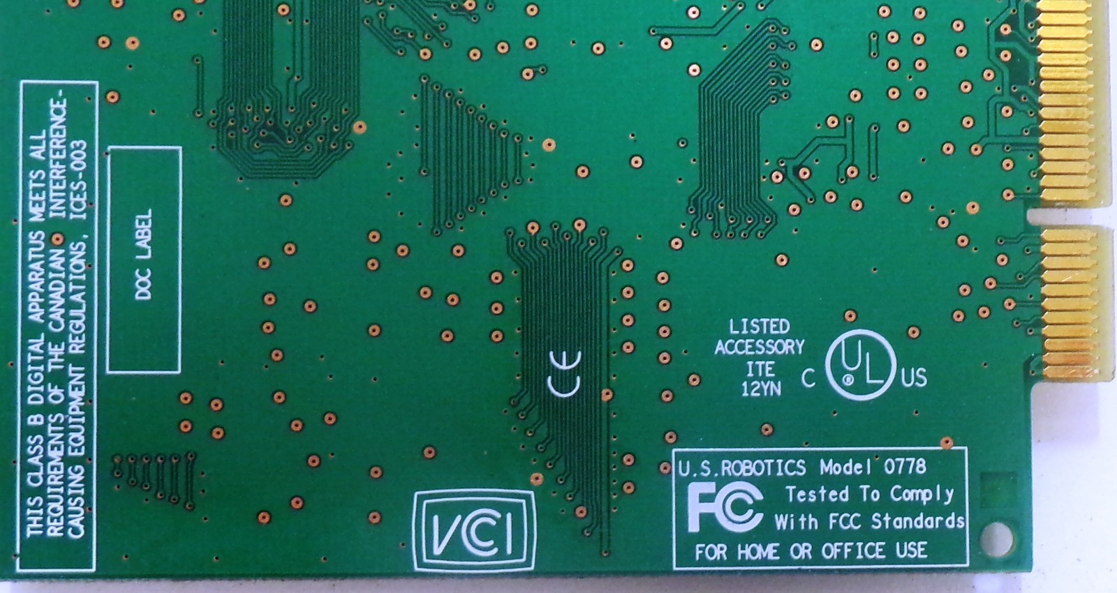 US ROBOTICS INTERNAL MODEM CARD 0778, 94V-0, E92481, CLASS B