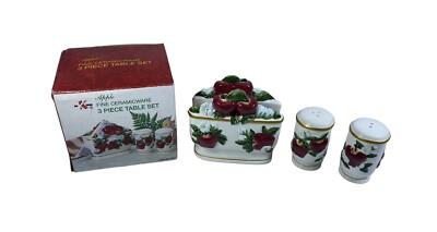 K.K. Apple Fine Ceramicware 3PC Table Set Napkin Holder & Salt & Pepper Shakers 
