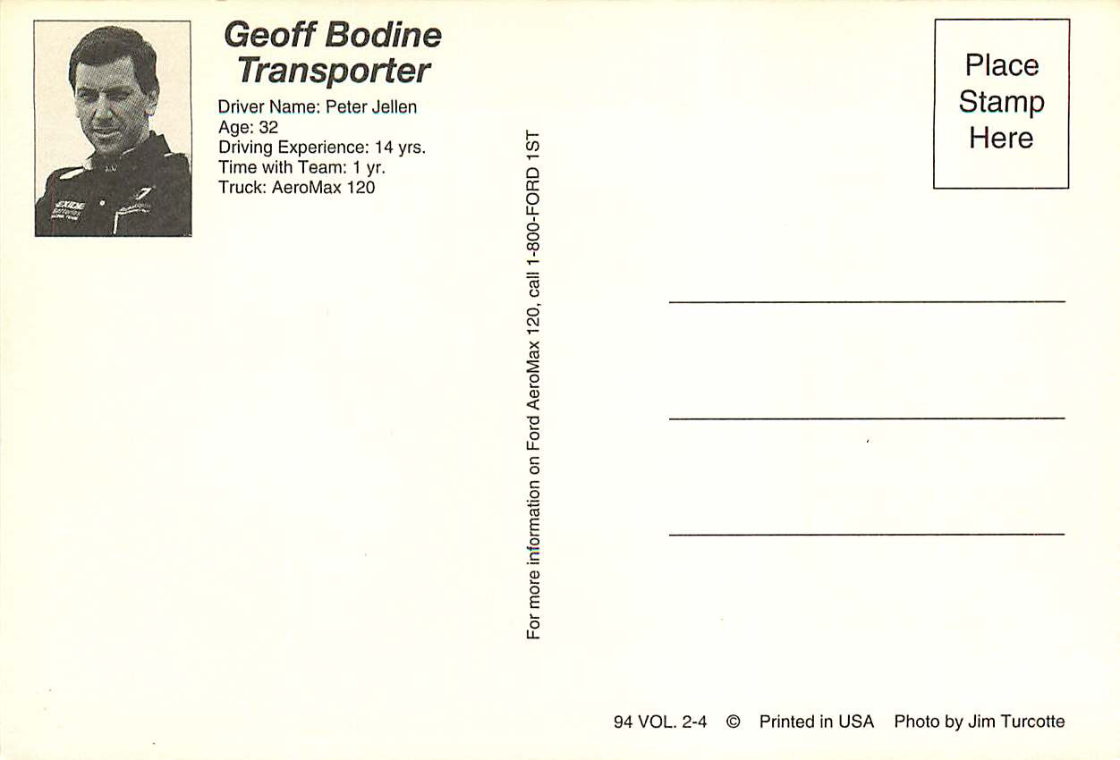 Postcard Nascar Race Car & Geoff Bodine Transporter AeroMax 120 Semi Truck