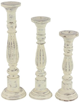 Set of 3 Rustic Wood Pillar Candle Holders, Vintage Farmhouse, Distressed White