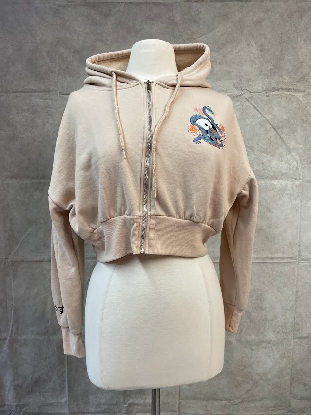 Orange Kiss Women's Beige Cropped Graphic Full Zip Hoodie