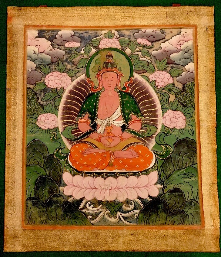 RARE ANTIQUE CHINESE OIL PAINTING 18th CENTURY BUDDHA ON SILK ORIGINAL FRAME