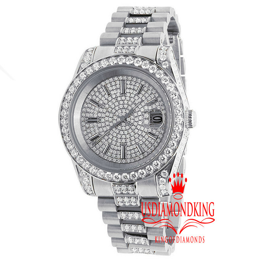 Pre-owned Bling Master 18k White Gold Full Stainless Steel Simulated Diamond Presidential Watch 41mm