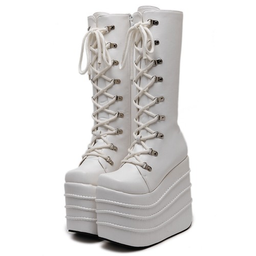 Punk Ladies Goth Mid Calf Biker Boots Platform Chunky Heel Lace Up Shoes Creeper