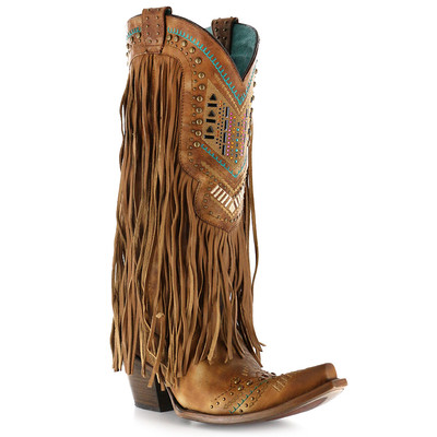 Pre-owned Corral Boots Corral Ladies Brown & Multicolor Crystal Fringe Snip Toe Boots C2910