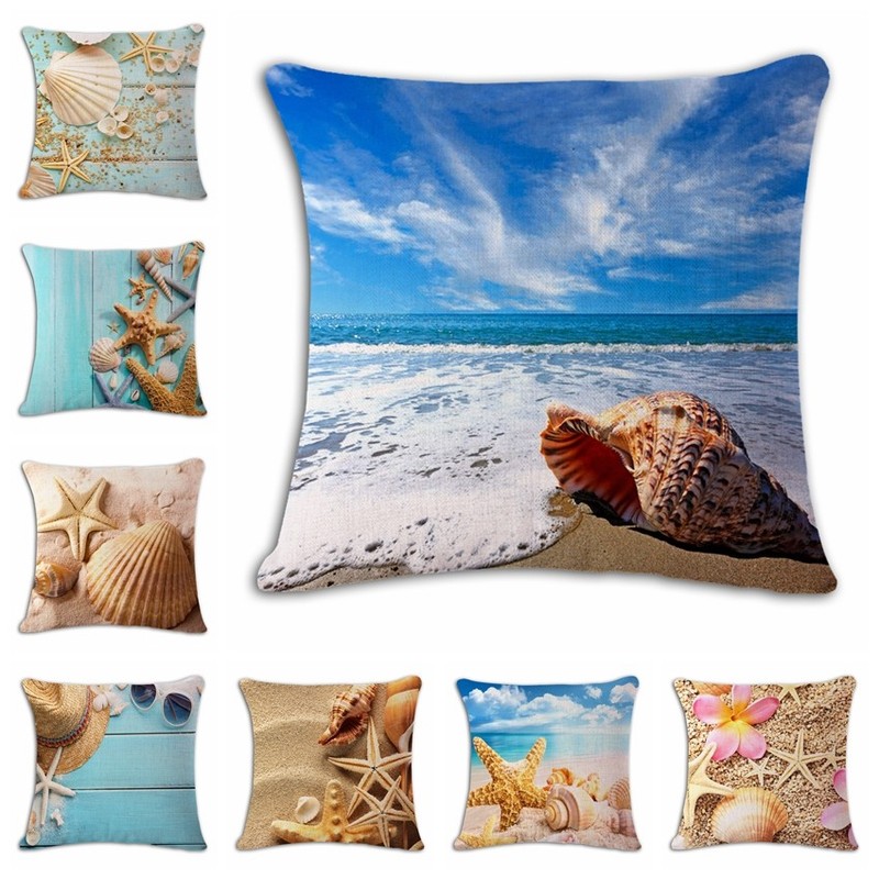New Ocean Blue Shell Cotton Linen Pillow Case Throw Cushion Cover