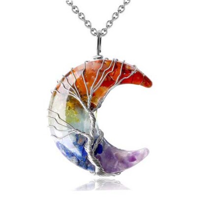 Natural 7 Chakra Crystal Quartz Chip Stone Resin Crescent Moon Pendant Necklace