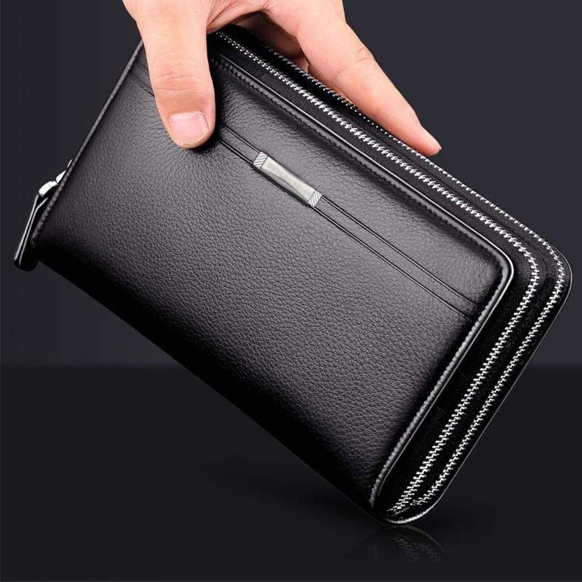 Luxury Black Men's Leather Wallet Double Zipper Long Clutch