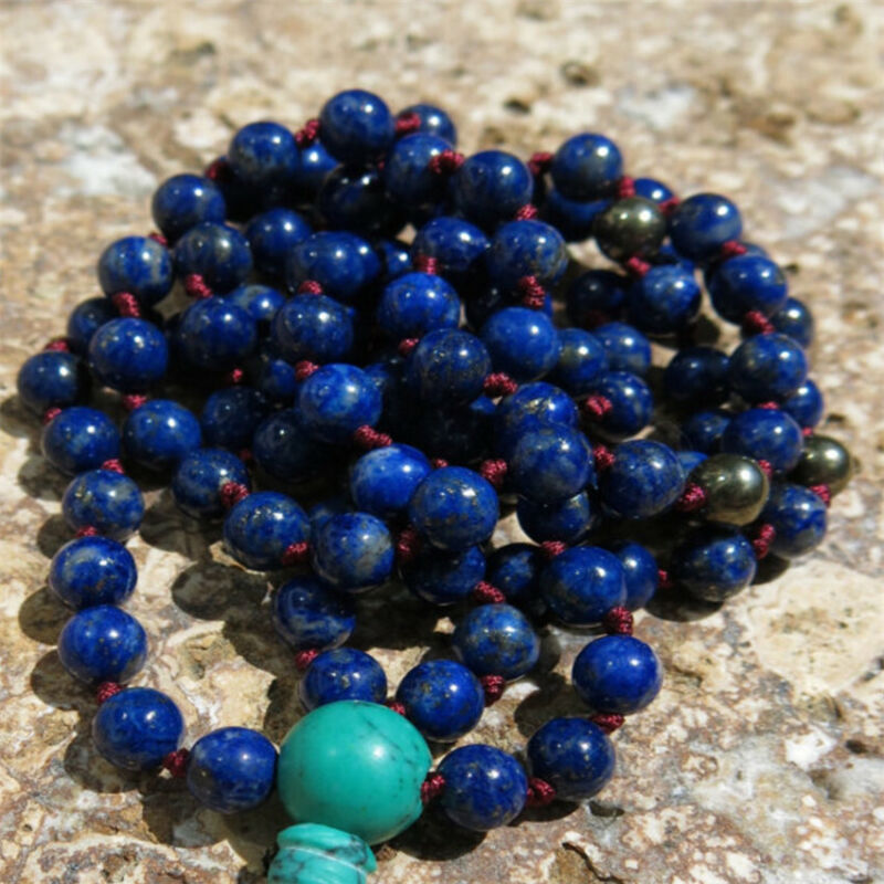 8mm Lapis lazuli turquoise 108 Beads Gemstone Mala Necklace Buddhism Lucky