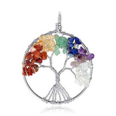 Natural Gravel Gemstone Tree Of Life Chakra Healing Wire Wrapped Pendant Jewelry