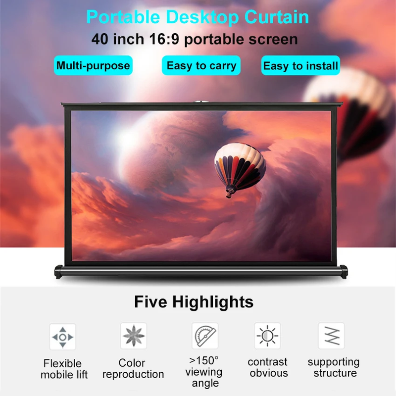40 inch Portable Projector Screen HD 16:9 Pull Up Tabletop Projection Screen wit