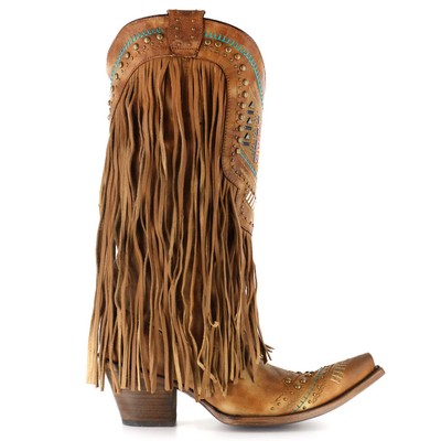 Pre-owned Corral Boots Corral Ladies Brown & Multicolor Crystal Fringe Snip Toe Boots C2910