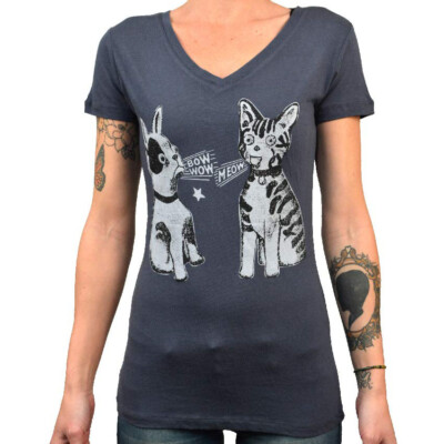 Lowbrow Art Bow Wow Meow Dog Cat Tattoo Indigo Blue Tee Shirt S-M-L-XL NWT
