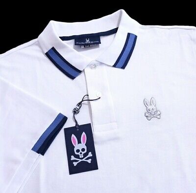 Psycho Bunny Stanton Tipped Embroidered Logo Mens Large 6 White Polo Shirt $115