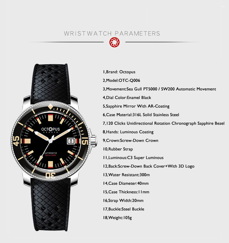 Pre-owned Octopus Men Automatic Watch 40mm Mechanical 30bar Lume Pt5000 Sapphire Bezel