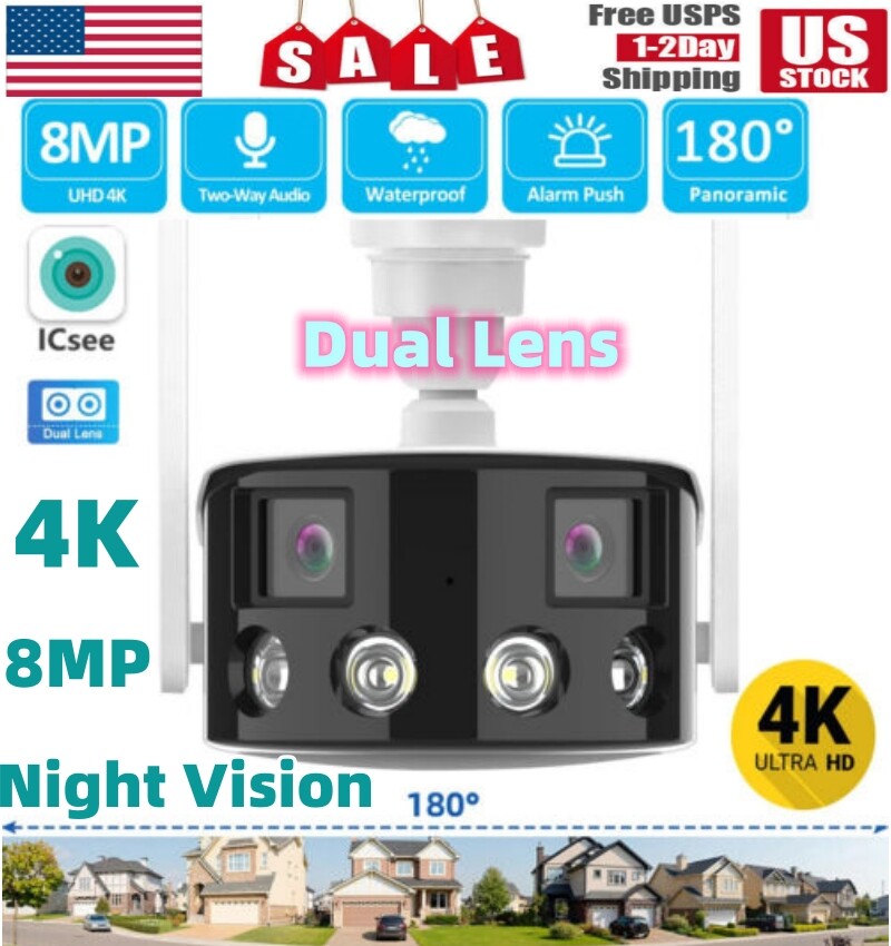 4K 8MP 180° Dual Lens Ultra Wide View Angle Panoramic Outdoor WiFi IP Camera US