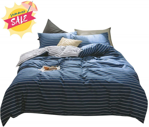 Modern Striped Duvet Cover Set Twin Navy Blue White Reversible