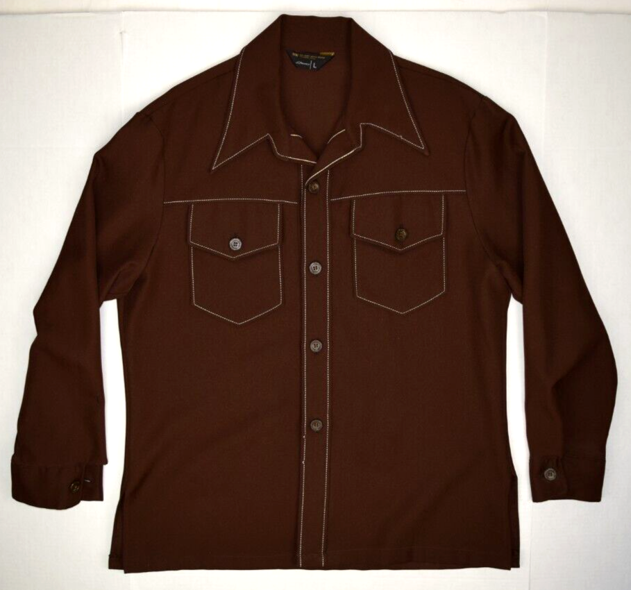 JCPenney Shirt Jacket VTG 70s Brown w White Stitch Pol Shirt JCPenney Shirt Jacket VTG 70s Brown w White Stitch Pol Shirt