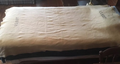 U.S. Navy Vintage Wool Bunk Blanket Off-White Approx. 77x50 Stenciled Heavy