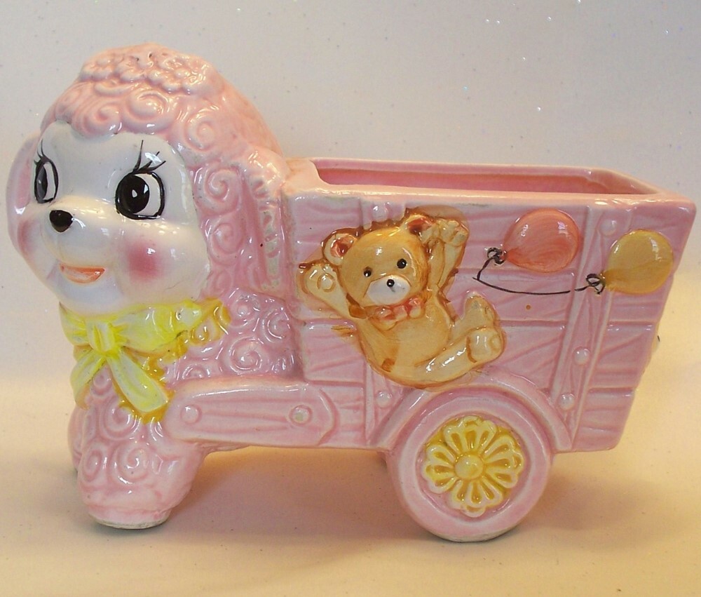 Vintage 1960's Pink Nursery Baby Lamb With Cart Planter