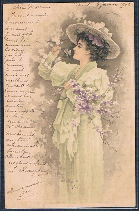G076 Art Nouveau Femme Chapeau Lady Large Hat Smelling Flowers Fine Litho 1902
