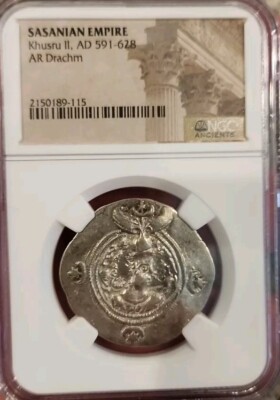 Sasanian Empire Khusru II AD 591-628 AR Drachm SILVER Ancient Coin - NGC 