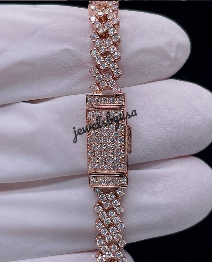 Pre-owned Nsg Men's Icy Real Moissanite 8x8" Cuban Bracelet Rose Gold Plated Silver Free Stud In White