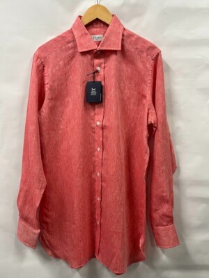 NWT Drake's London Men's Pink Red Linen Button up Shirt Size L Large 100% Linen