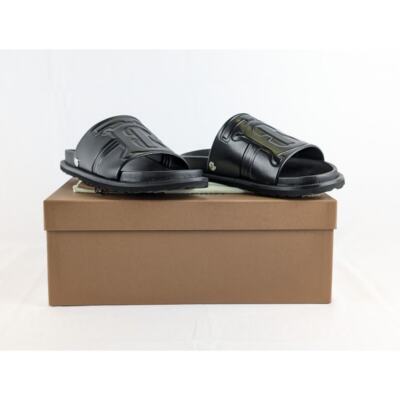 【BURBERRY】TB MONOGRAM SLIDES Burberry Leather Embossed TB Monogram Slides in Black BNWB