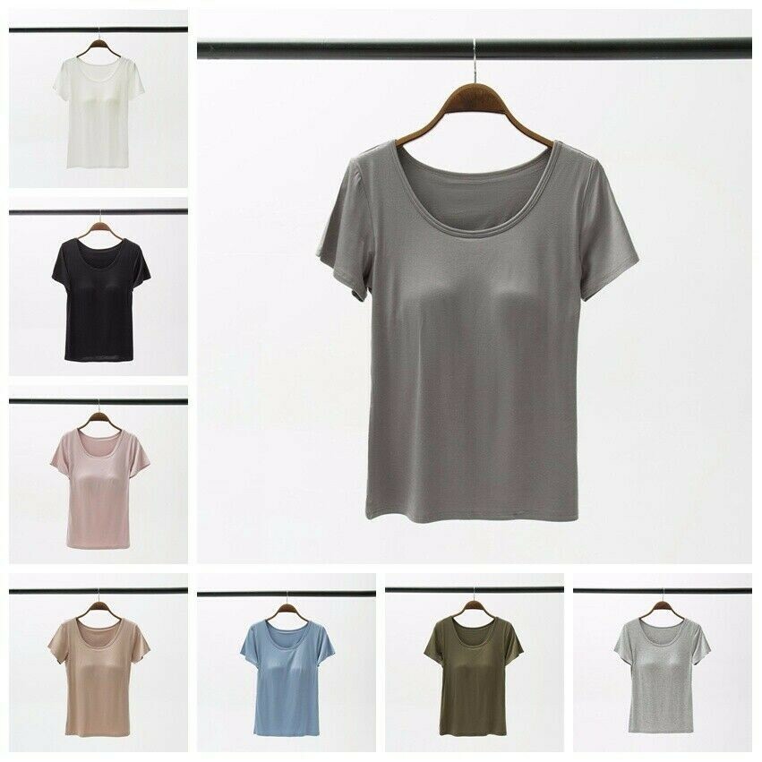 Damen T-Shirts Oberteile Erbaut Bh Yoga Bluse Mit Brust Pad Lingerie Freizeit