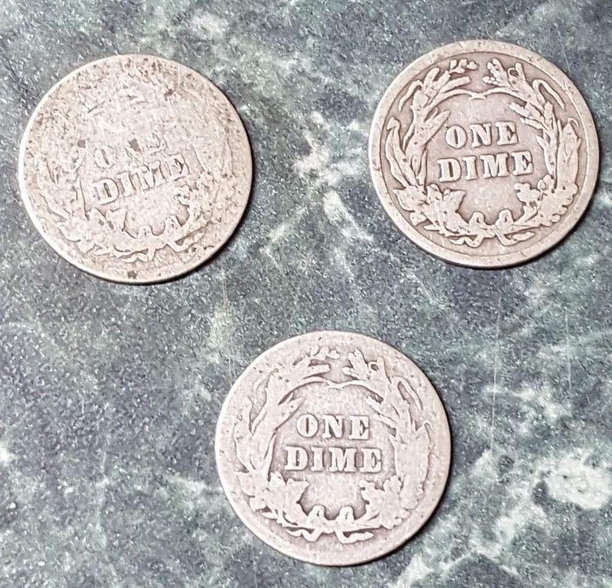 Barber dimes, (10c) Lot of 3, all P, 1908, 1910, 1911 circulated, ungraded